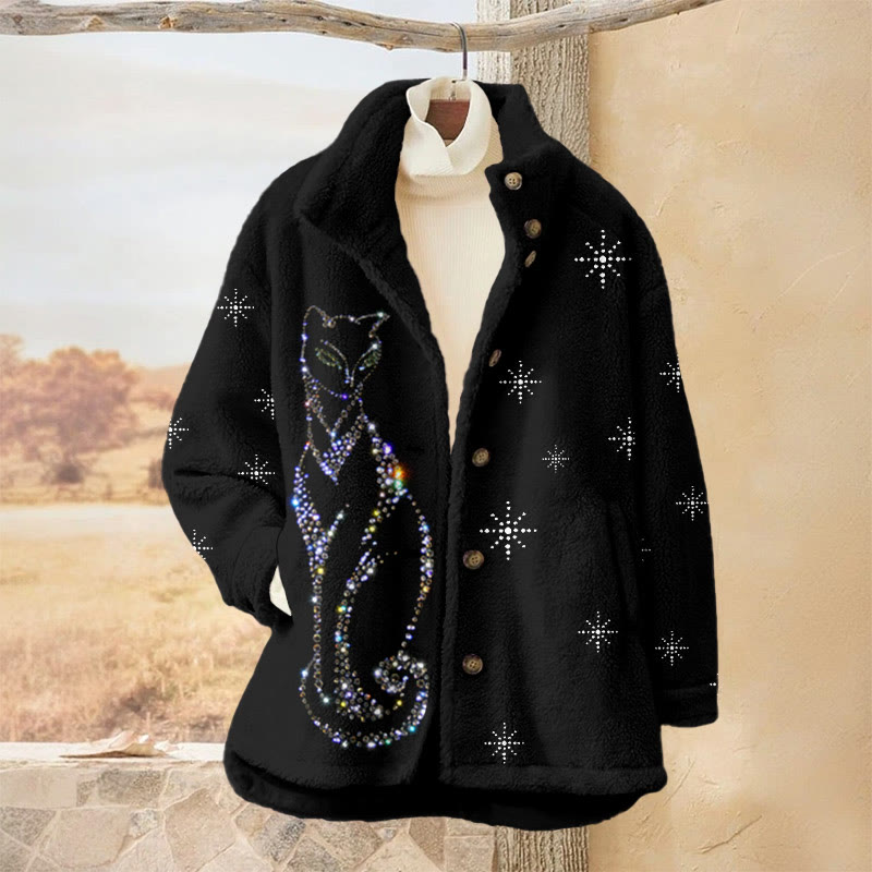 Elegant Diamond Cat Print Plush Jacket - Black - 3XL - image 1