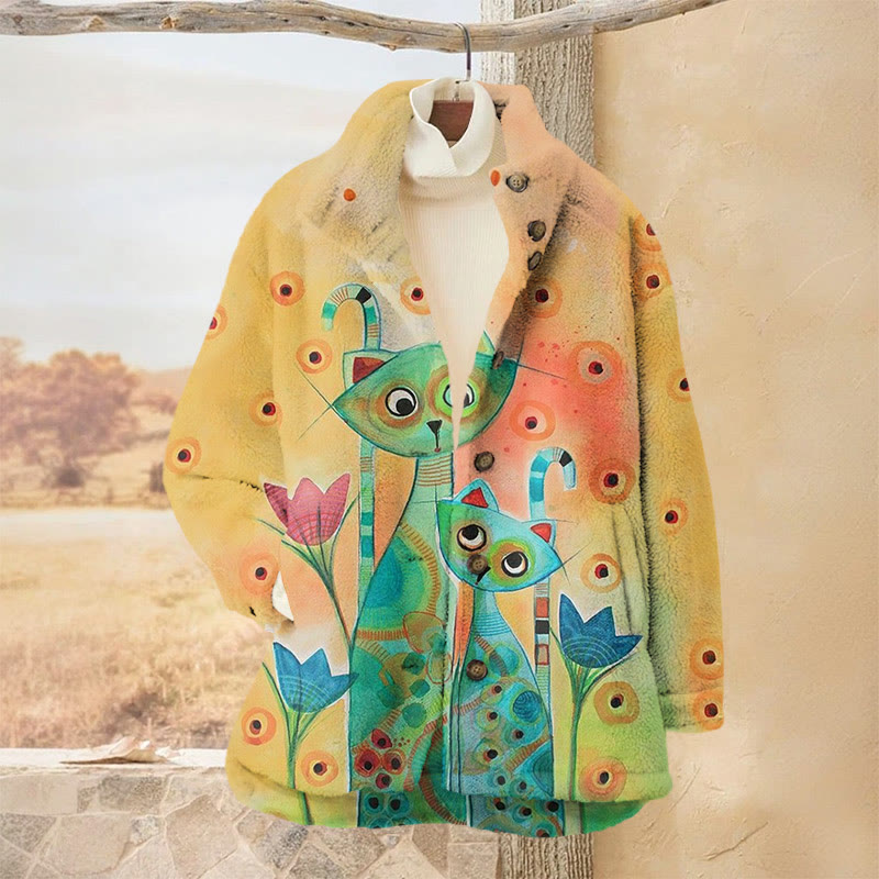Abstract Floral Cats Print Plush Jacket - Yellow - 3XL - image 1