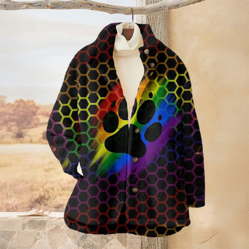 Rainbow Geometric Cat Paw Print Plush Jacket - Multicolor - 3XL - image 1