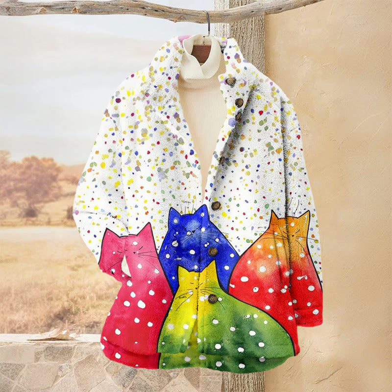 Colorful Ink Polka Dot Cats Print Plush Jacket - Beige - 3XL - image 1