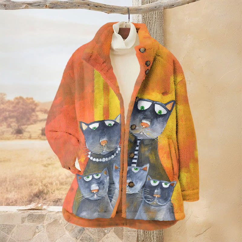 Ugly Cats In Contrasting Colors Print Plush Jacket - Orange - 3XL - image 1