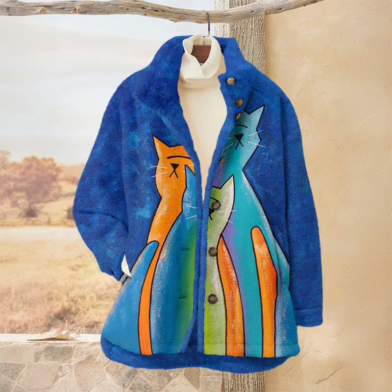 Abstract Contrasting Cats Print Plush Jacket - Blue - 3XL - image 1