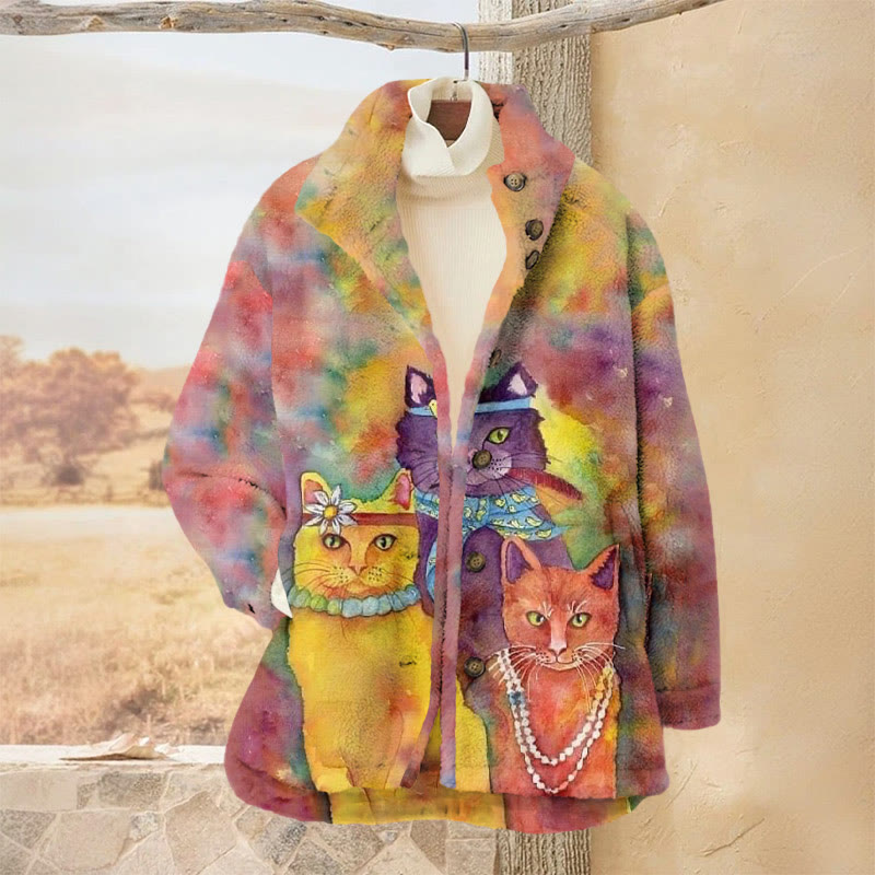 Watercolor Cats Print Plush Jacket - Red - 3XL - image 1