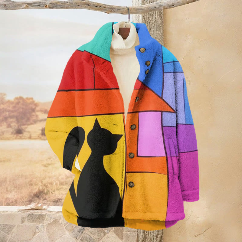 Abstract Color Block Art Black Cat Print Plush Jacket - Yellow - 3XL - image 1