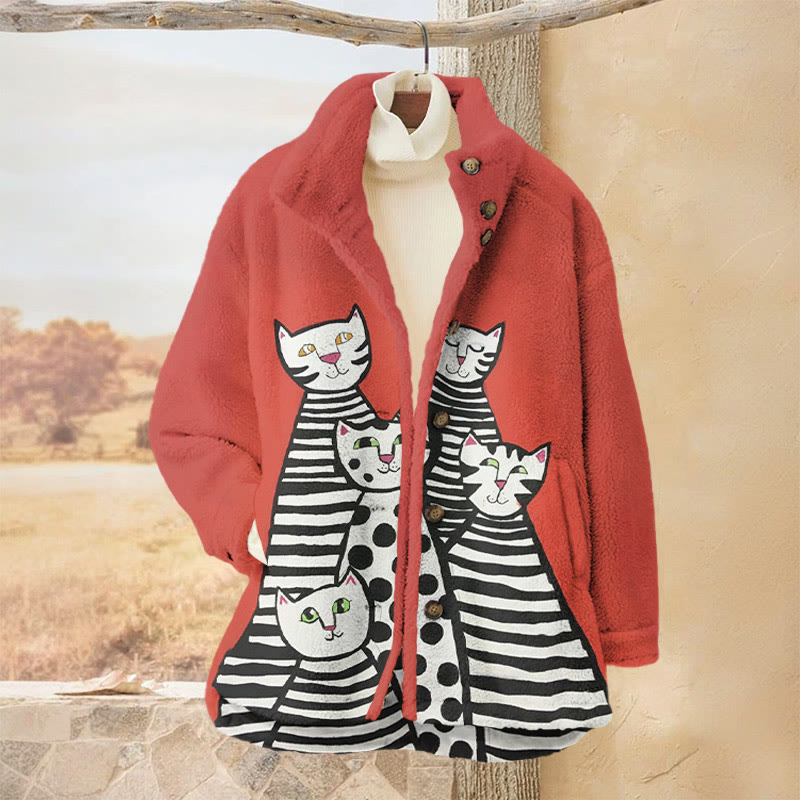 Pop Style Striped Cats Print Plush Jacket - Orange - 3XL - image 1