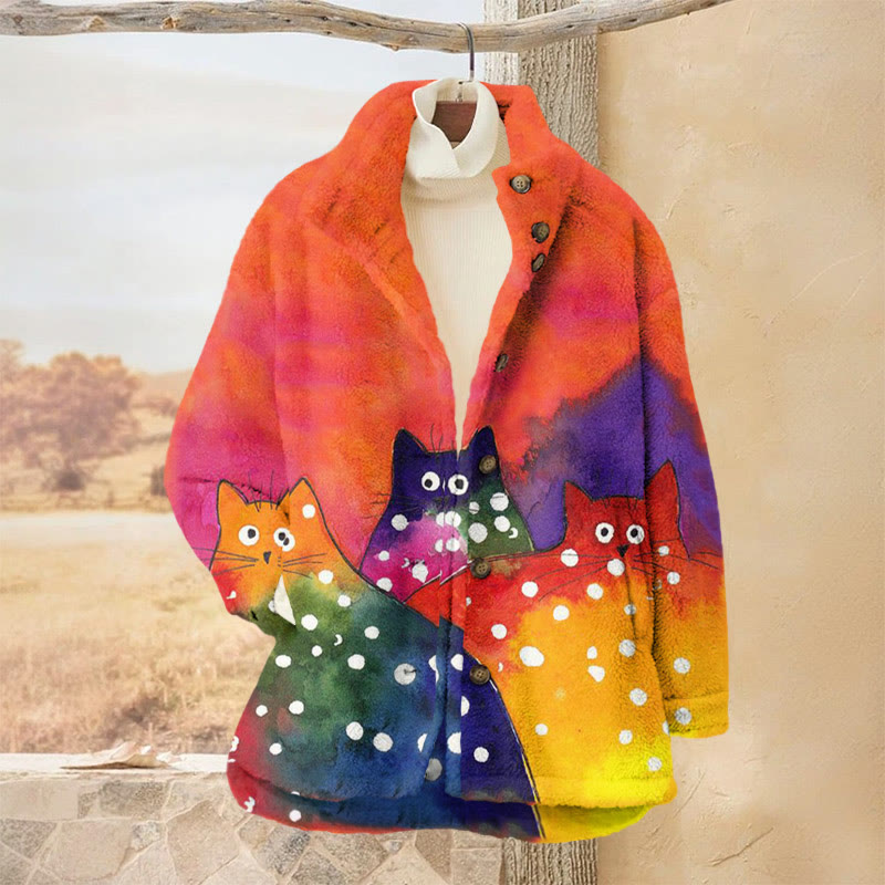 Colorful Polka Dot Cats Print Plush Jacket - Orange - 3XL - image 1