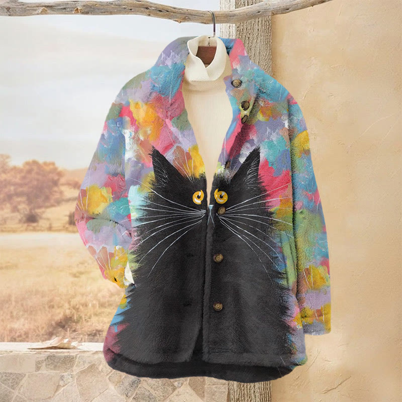 Colorful Oil Painting Of Cat Print Plush Jacket - Blue - 3XL - image 1