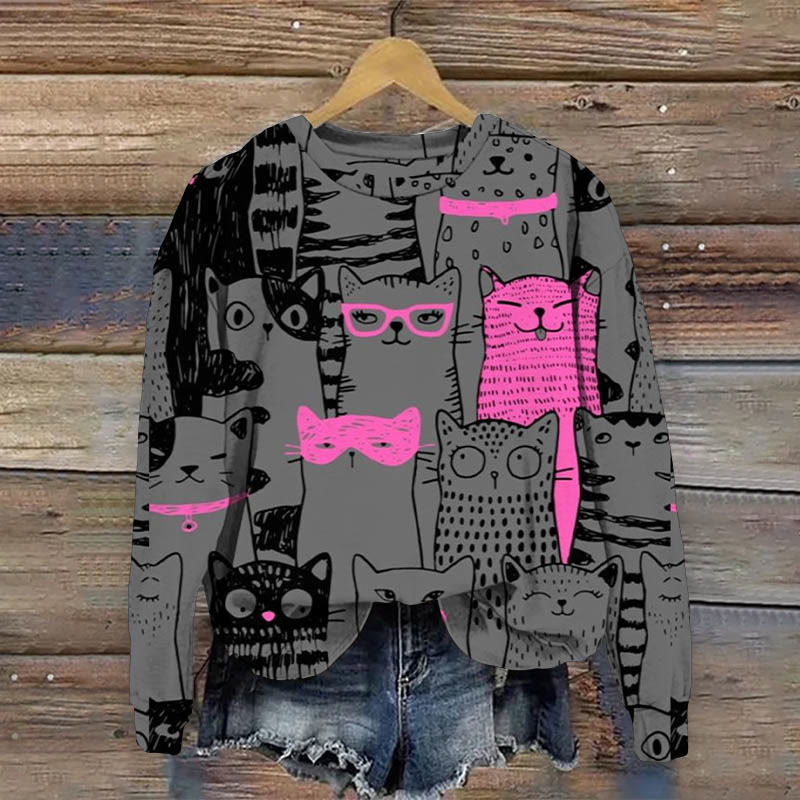 Women's Funny Stacked Spotted Cat Art Print Causal Sweatshirt - Grey - 5XL - image 1