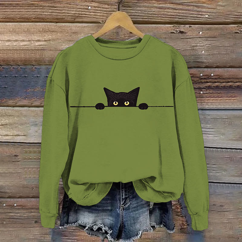 Women's Casual Black Cat Print Causal Sweatshirt - Green - 5XL - image 1