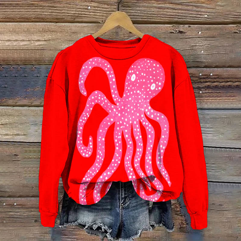 Women's Oil Painting Pink Octopus Art Print Causal Sweatshirt - Rose - 5XL - image 1