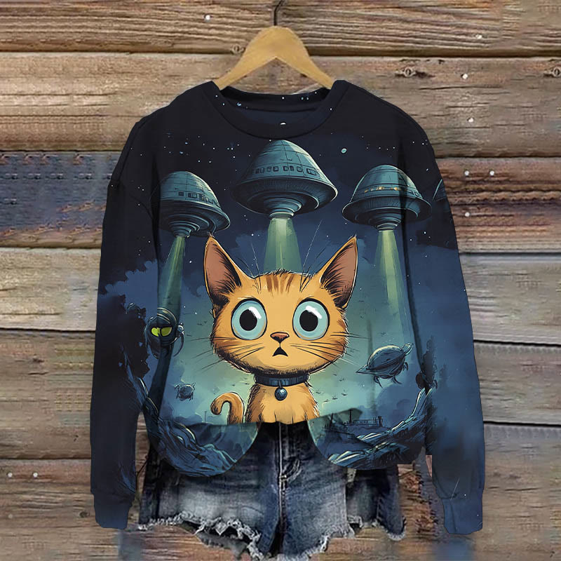 Fun Alien Ufo Space Cat Print Causal Sweatshirt - Black - 5XL - image 1
