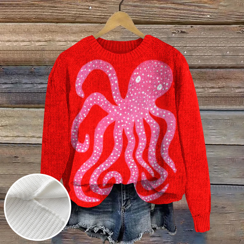 Women's Oil Painting Pink Octopus Art Print Crew Neck Women's Casual Sweater - Rose - 4XL - image 1