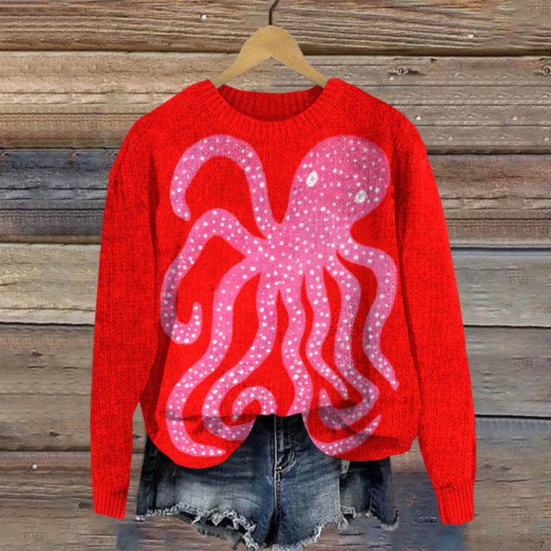 Women's Oil Painting Pink Octopus Art Print Crew Neck Women's Casual Sweater - image 2