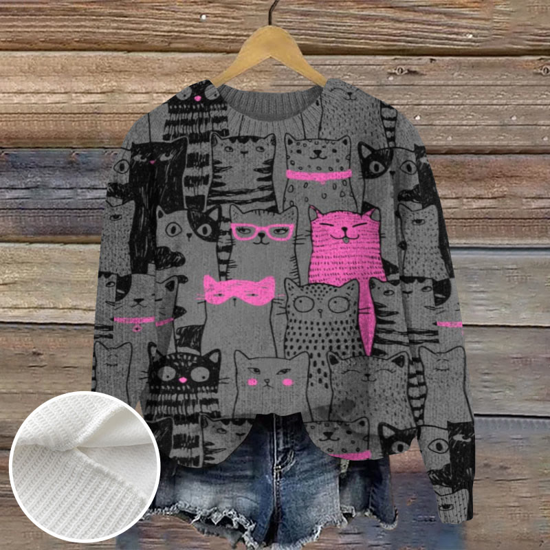 Women's Funny Stacked Spotted Cat Art Print Crew Neck Women's Casual Sweater - Grey - 4XL - image 1