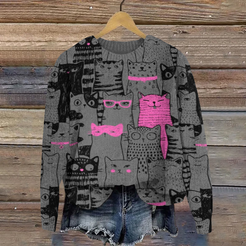 Women's Funny Stacked Spotted Cat Art Print Crew Neck Women's Casual Sweater - image 2