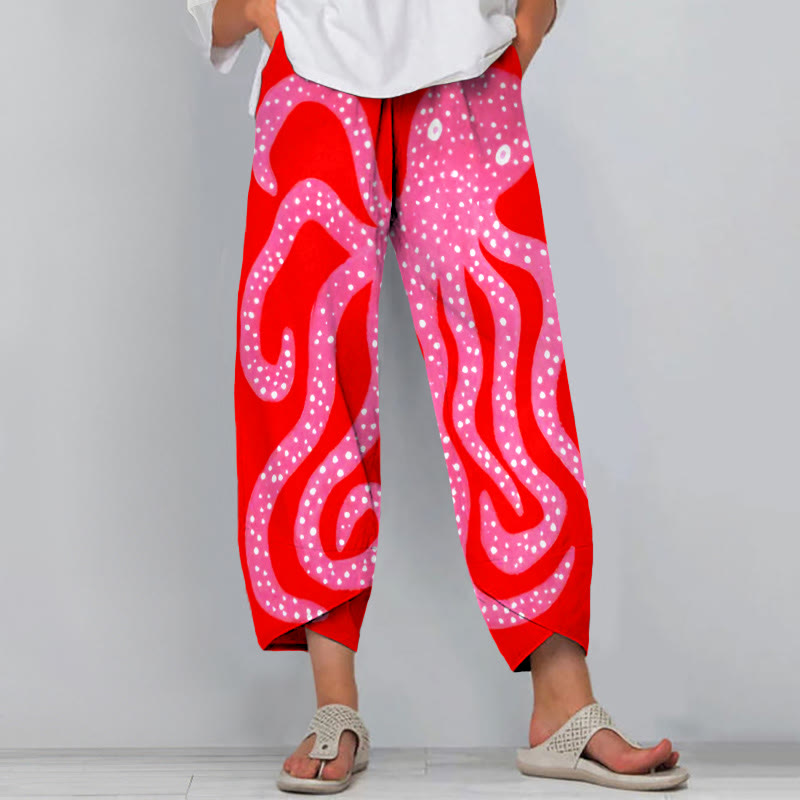 Women's Oil Painting Pink Octopus Art Print Drawstring Pocket Pants - Rose - 8XL - image 1