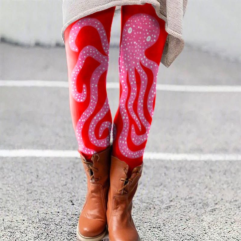 Women's Oil Painting Pink Octopus Art Print Leggings - Rose - 5XL - image 1