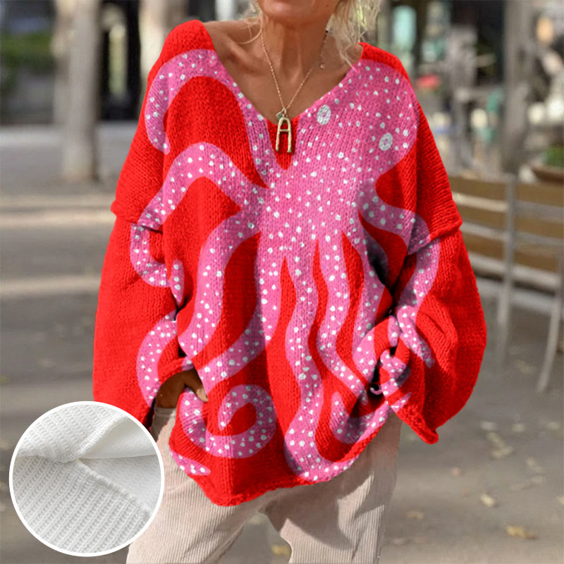 Women's Oil Painting Pink Octopus Art Print Causal V-neck Pullover Sweater - Rose - 4XL - image 1