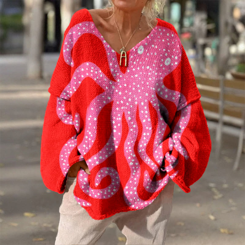 Women's Oil Painting Pink Octopus Art Print Causal V-neck Pullover Sweater - image 2