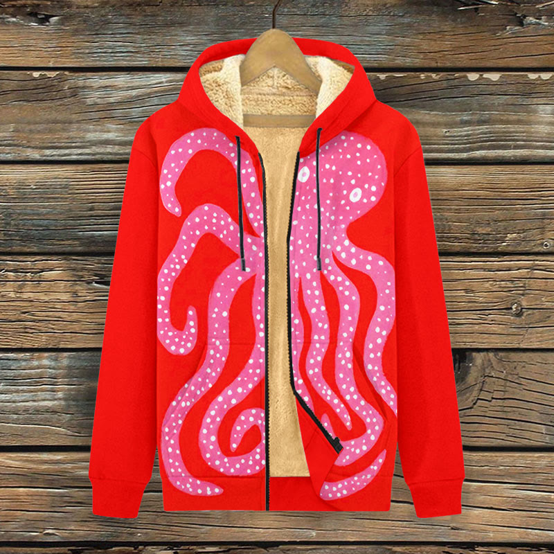 Women's Oil Painting Pink Octopus Art Print Fleece Jacket - Rose - 4XL - image 1