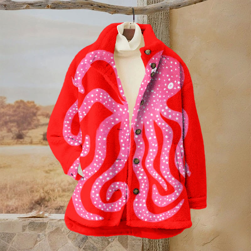 Women's Oil Painting Pink Octopus Art Print Plush Jacket - Rose - 3XL - image 1