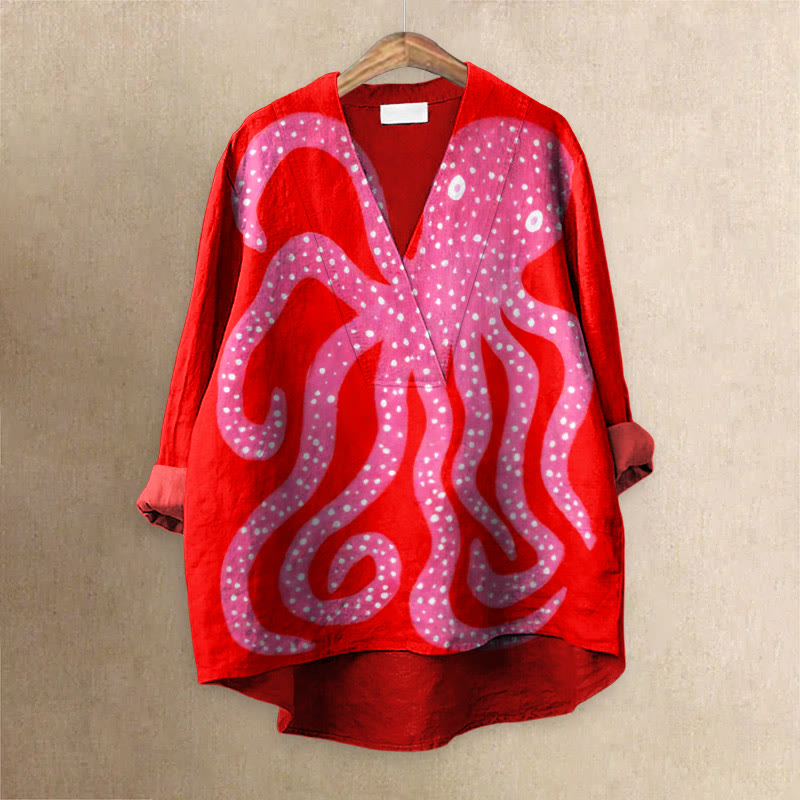 Women's Oil Painting Pink Octopus Art Print Casual V-neck Blouse - Rose - 6XL - image 1