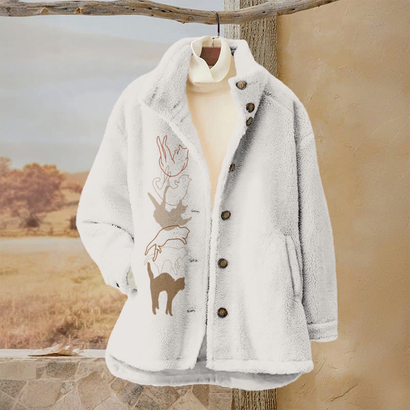 Minimalist Cat Line Art Print Causal Plush Jacket - Beige - 3XL - image 1