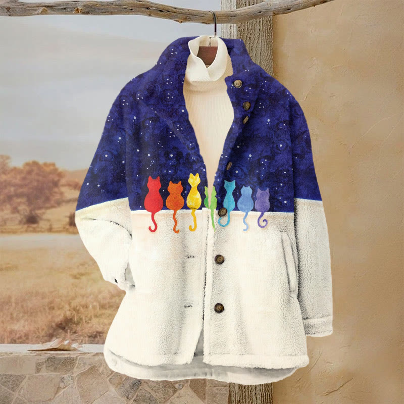 Rainbow Cats On A Wall At Night Print Causal Plush Jacket - Dark Blue - 3XL - image 1