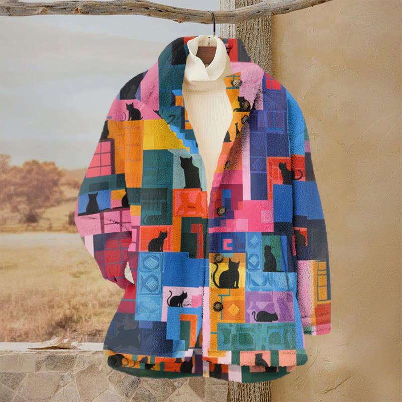 Colorful Geometric Cat Art Print Causal Plush Jacket - Multicolor - 3XL - image 1
