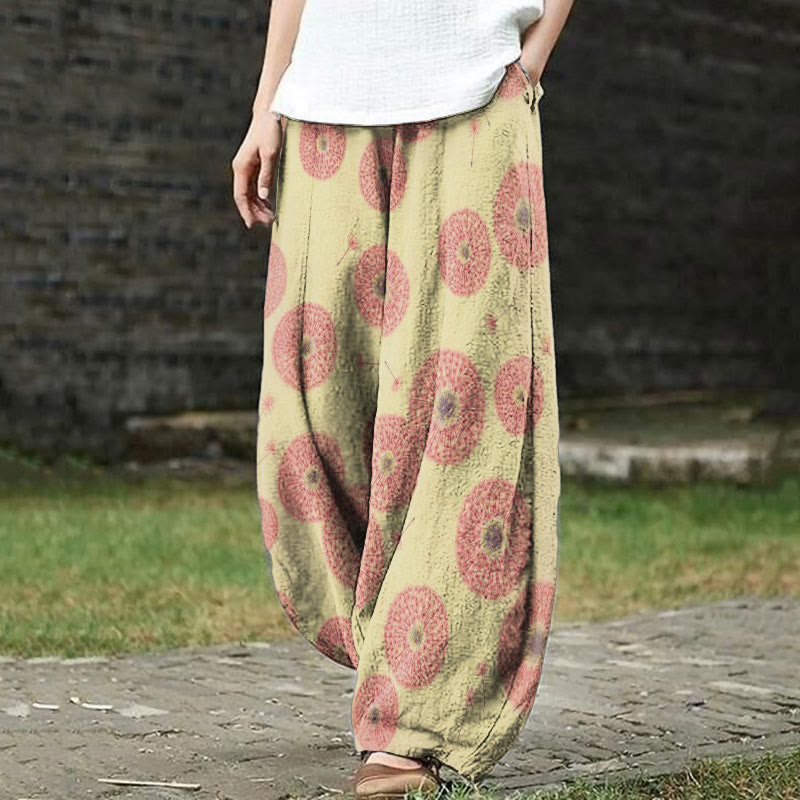 Retro Dandelion Art Print Casual Pants - Khaki - 5XL - image 1