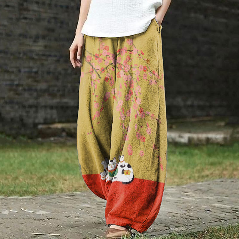 Retro Japanese Art Colorblock Lucky Cat Floral Print Casual Pants - Yellow - 5XL - image 1