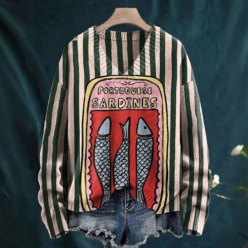 Pink-green Striped Sardines Print Causal V-neck Pullover Sweater - Pink - 4XL - image 1