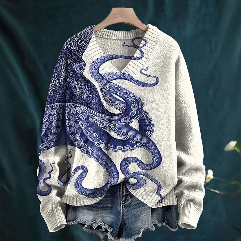 Deep Sea Octopus Tentacles Art Print Causal V-neck Pullover Sweater - Beige - 4XL - image 1