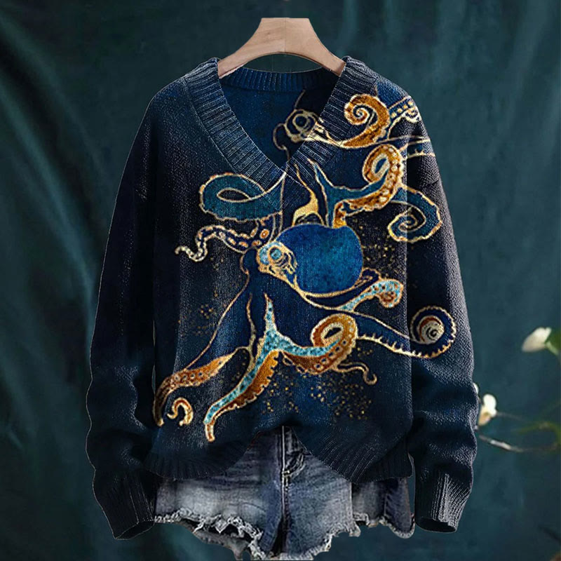 Deep Sea Octopus Vintage Gilt Art Print Causal V-neck Pullover Sweater - Dark Blue - 4XL - image 1