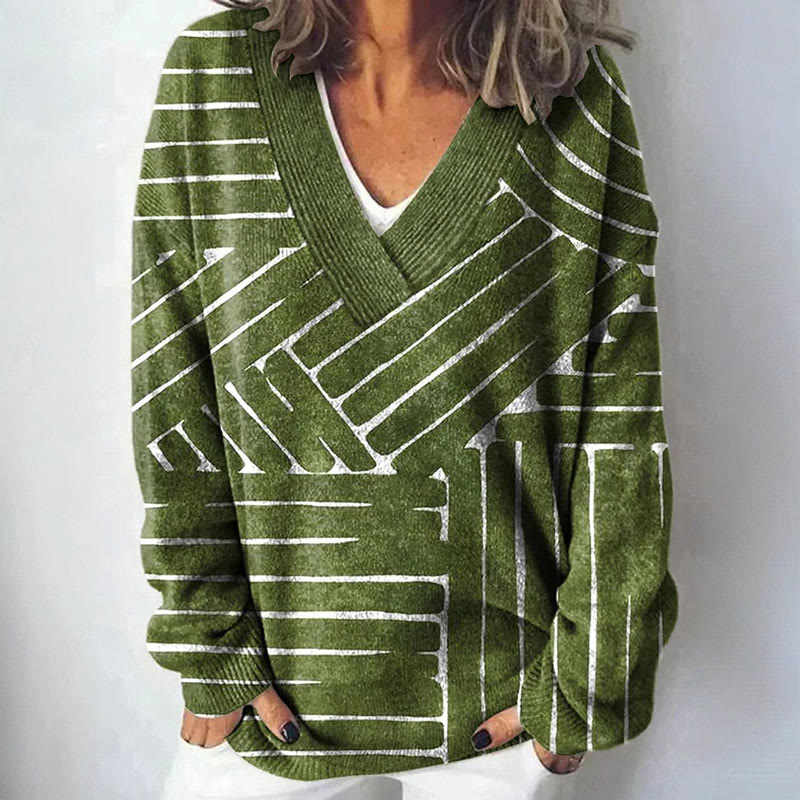 Simple Geometric Pattern Print Causal V-neck Pullover Sweater - Green - 4XL - image 1