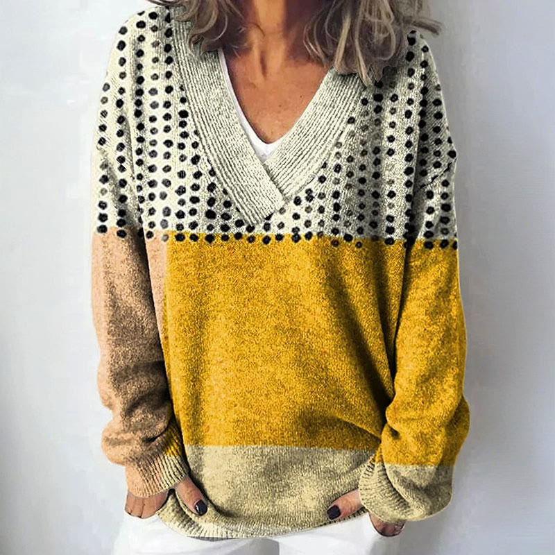 Yellow Color-blocked Dots Print Causal V-neck Pullover Sweater - Yellow - 4XL - image 1