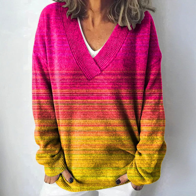 Colorful Ombre Art print causal V-neck Pullover Sweater - Rose - 4XL - image 1
