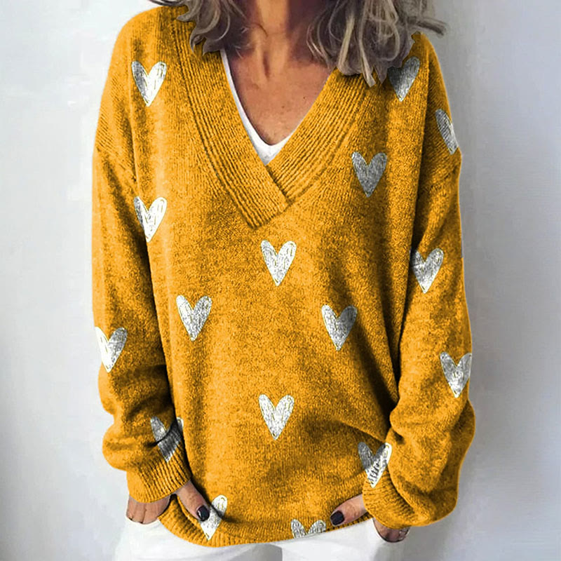 Lovely Hearts Repeat Pattern Print Causal V-neck Pullover Sweater - Yellow - 4XL - image 1