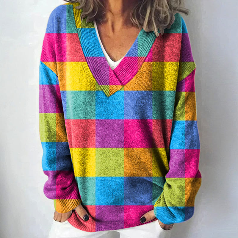 Colorful Plaid Art Print Causal V-neck Pullover Sweater - Multicolor - 4XL - image 1