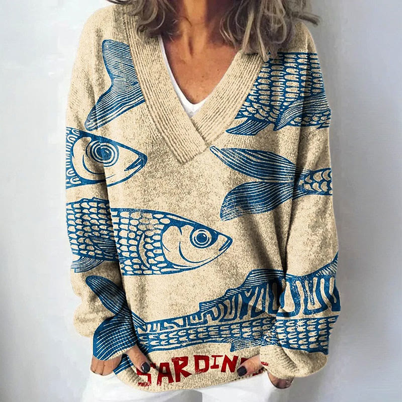 Vintage Fish Sardines Art Print Causal V-neck Pullover Sweater - Apricot - 4XL - image 1