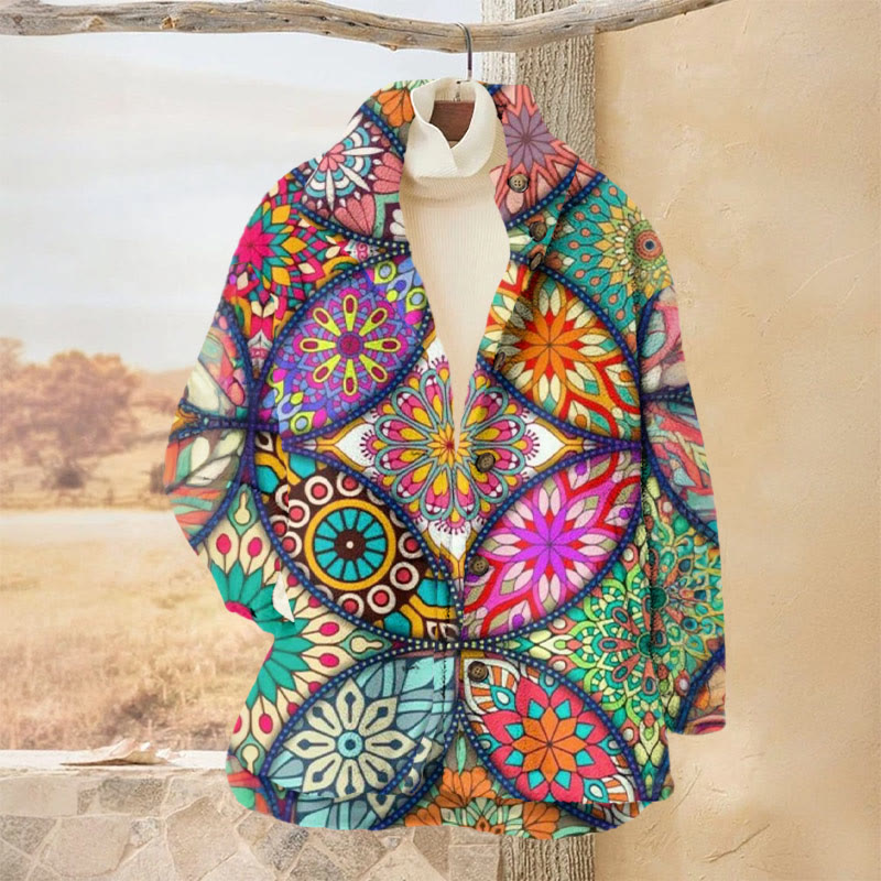 Women's Geometric Mandala Flower Print Causal Plush Jacket - Lake Blue - 3XL - image 1