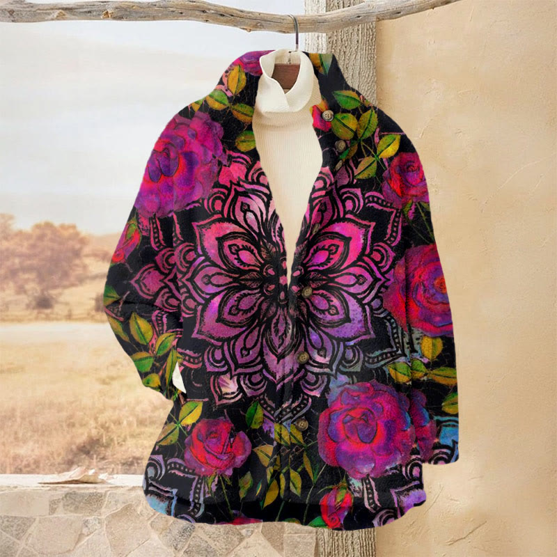 Women's Contrast Mandala Print Causal Plush Jacket - Rose - 3XL - image 1