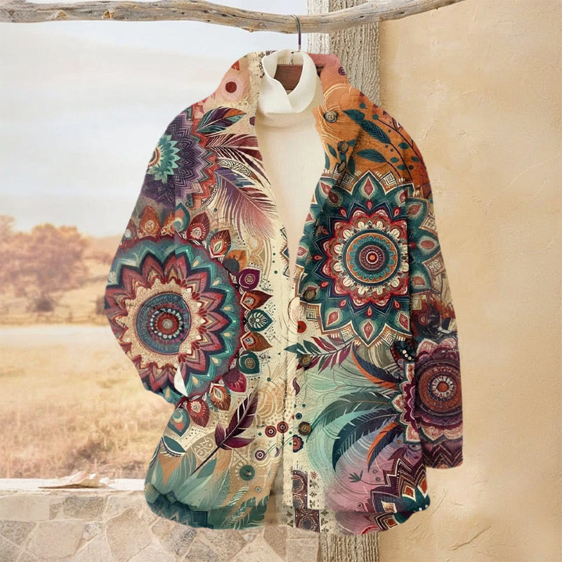 Women's Ethnic Mandala Print Causal Plush Jacket - Orange - 3XL - image 1