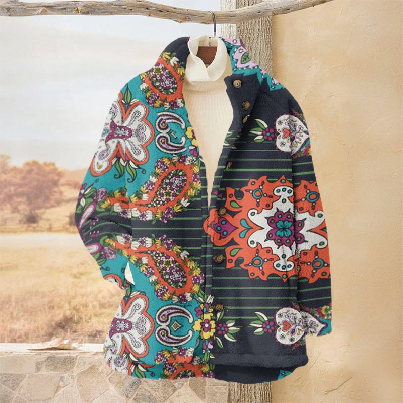 Women's Asymmetric Mandala Flower Print Causal Plush Jacket - Lake Blue - 3XL - image 1