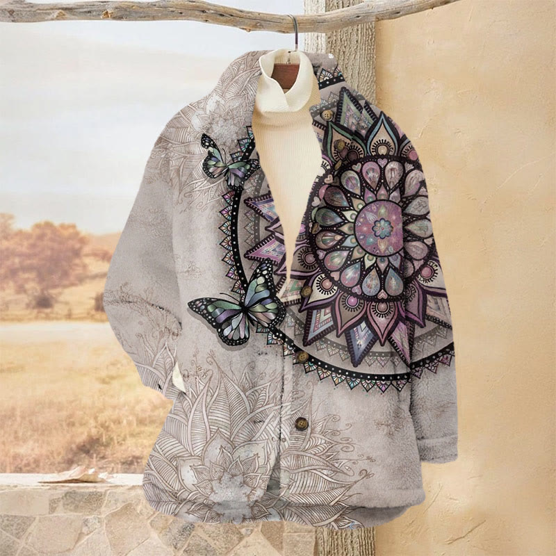 Women's Vintage Butterfly Mandala Flower Print Causal Plush Jacket - Purple - 3XL - image 1