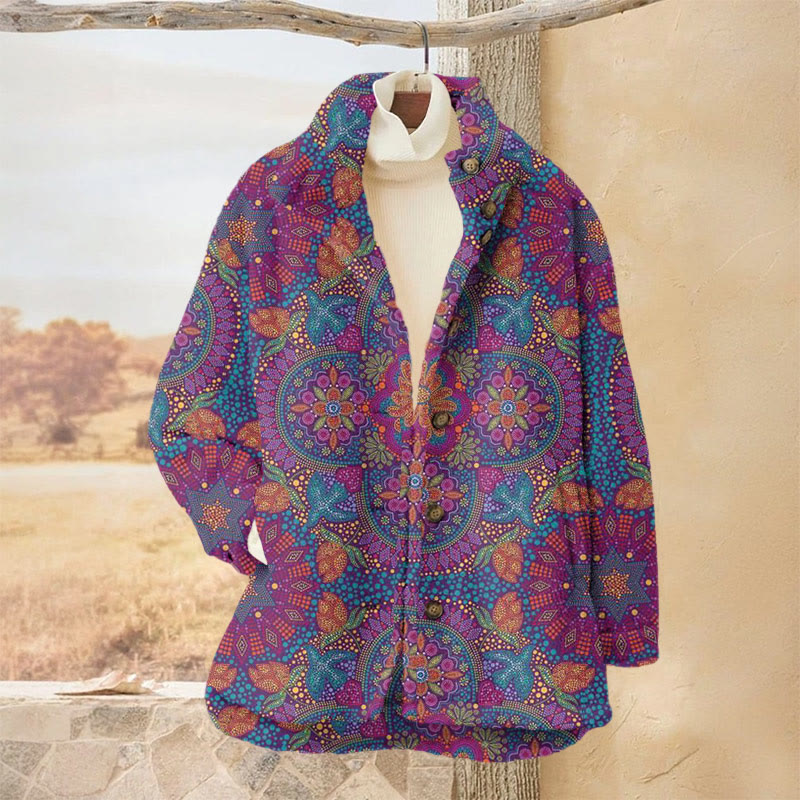 Women's Vintage Mandala Print Causal Plush Jacket - Rose - 3XL - image 1