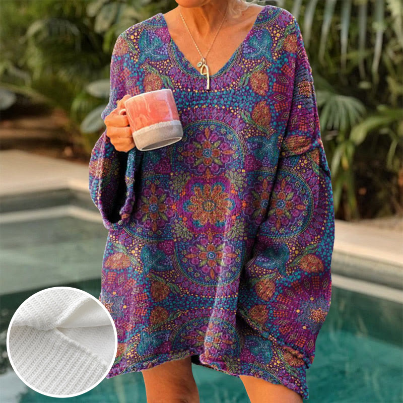 Women's Vintage Mandala Print V-neck Pullover Sweater - Rose - 4XL - image 1