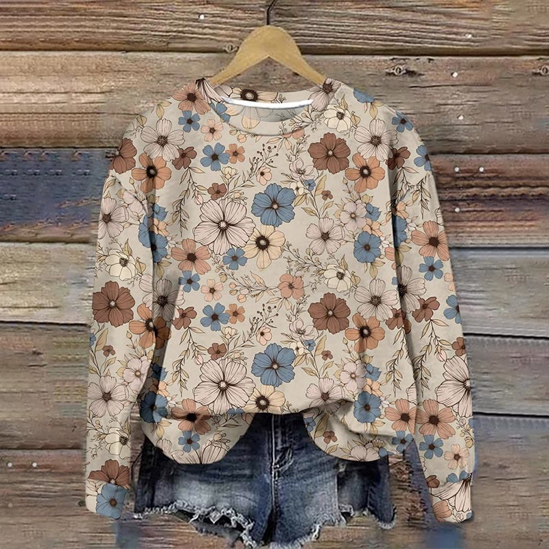  Women's Casual Floral Print Loose Fit Crew Neck Long Sleeve Sweatshirt - Khaki - 5XL - image 1