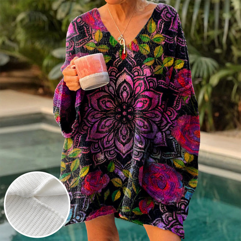 Women's Contrast Mandala Print Causal V-neck Pullover Sweater - Rose - 4XL - image 1