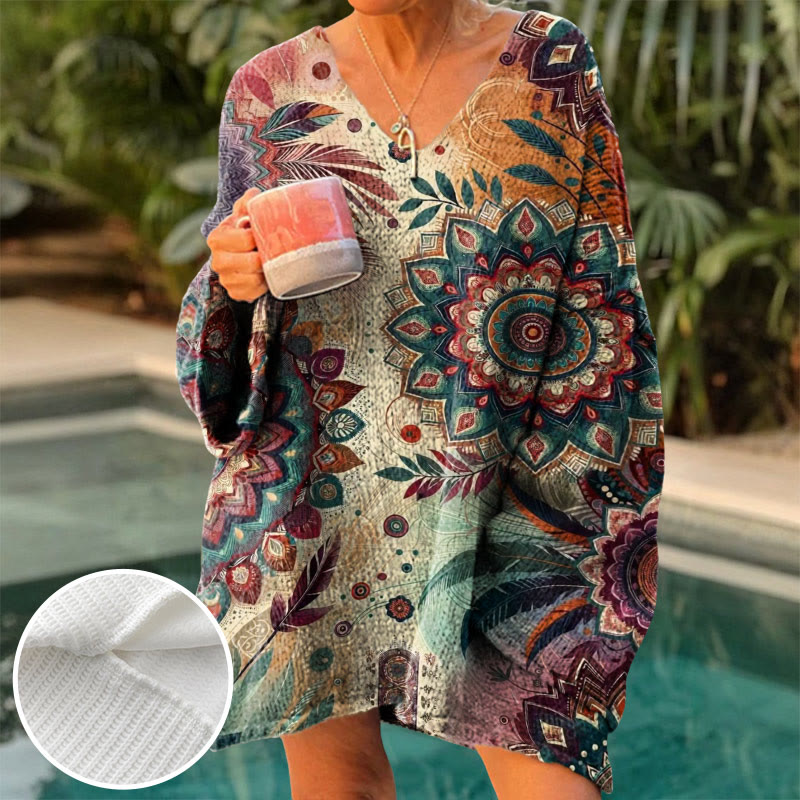 Women's Ethnic Mandala Print Causal V-neck Pullover Sweater - Lake Blue - 4XL - image 1